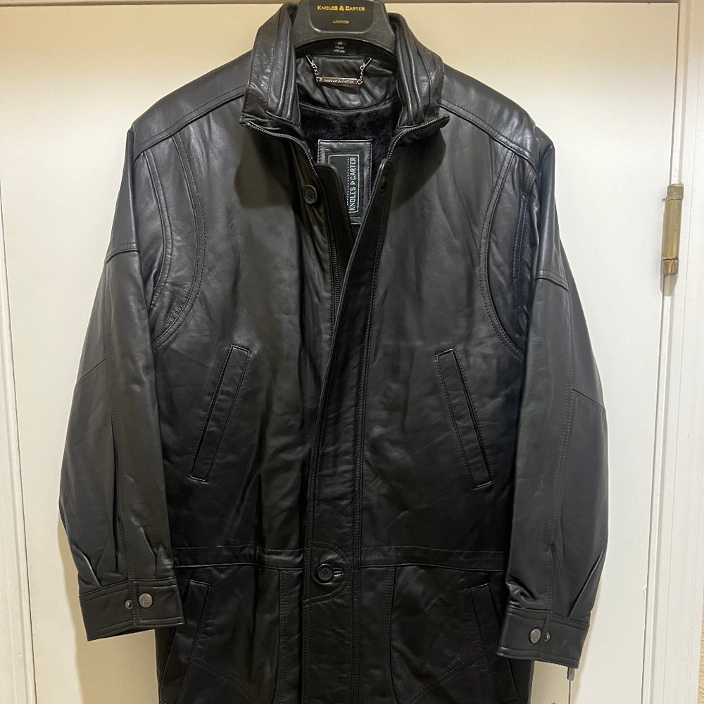 KNOLES & CARTER Men's Black Lamb Skin Leather 3/4 Jacket, Detachable Lining -New